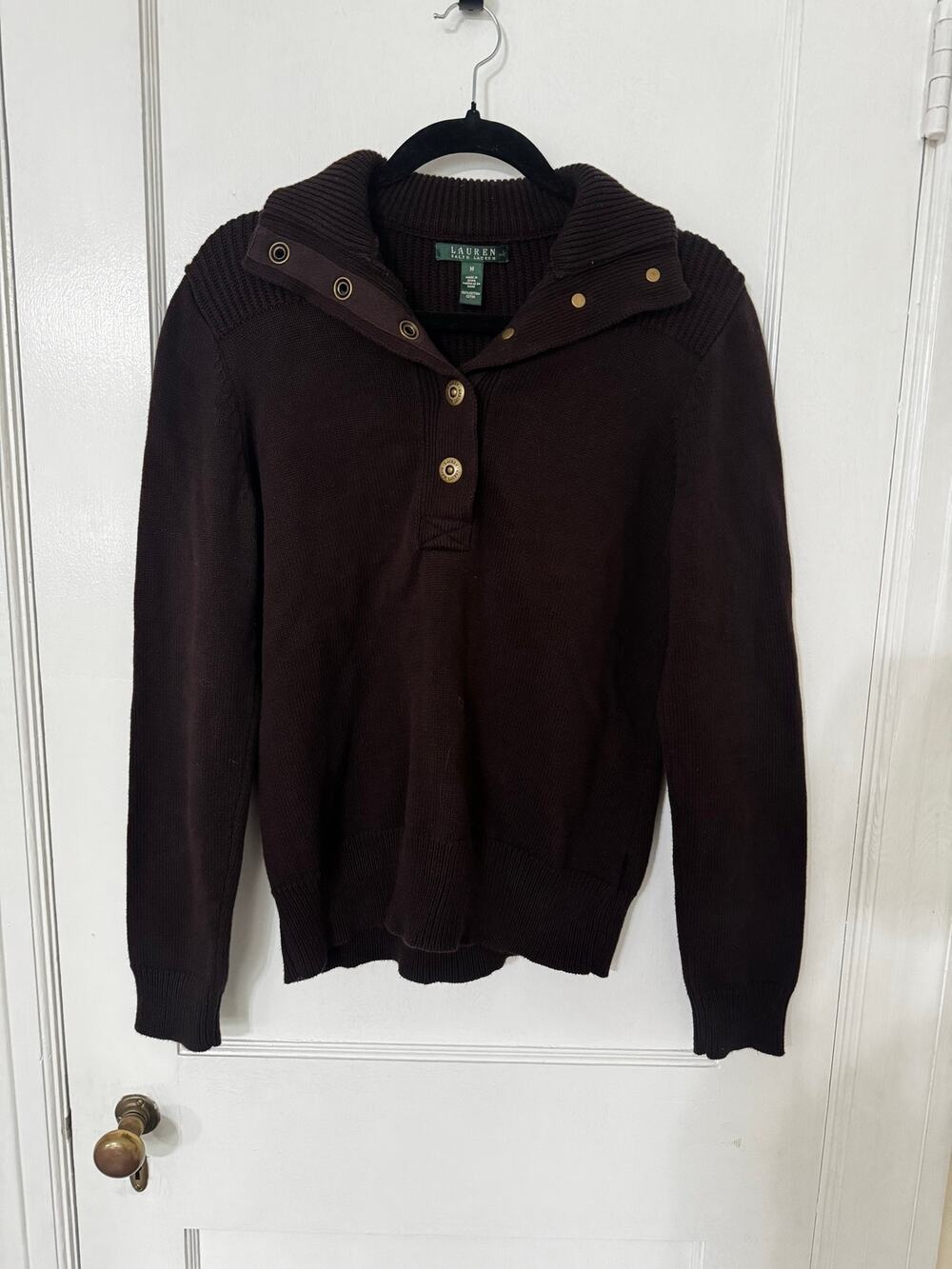 Lauren Ralph Lauren Brown Cotton Ribbed Yoke Mock Neck Snap Button Sweater